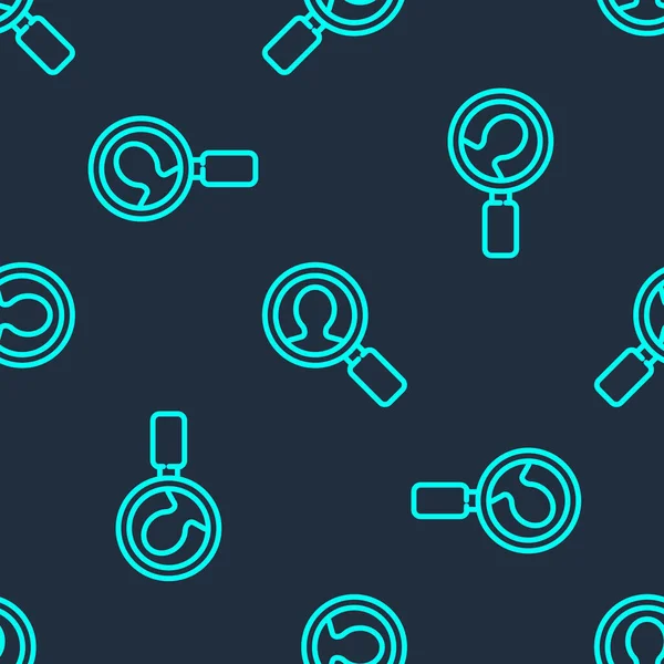 Arama için yeşil çizgi büyüteç. Mavi arka planda izole edilmiş bir insan simgesi. İşe alma ya da seçme. Çalışanları ve işi ara. Vektör İllüstrasyonu