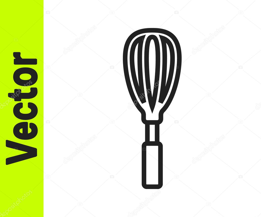 Black line Kitchen whisk icon isolated on white background. Cooking utensil, egg beater. Cutlery sign. Food mix symbol.  Vector Illustration