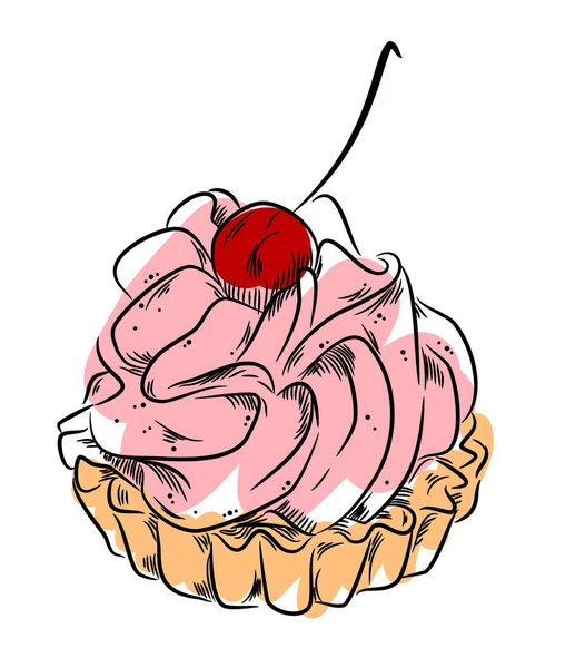 美味的奶油樱桃蛋糕 写意画 — 图库矢量图片