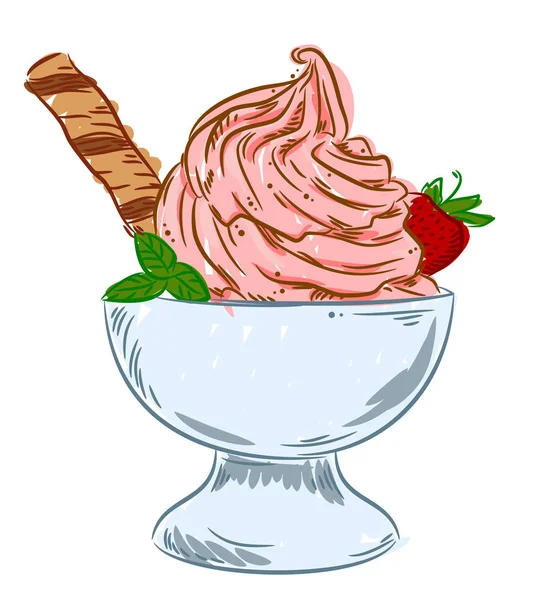 Helado Apetitoso Tazón Con Fresas Rollos Oblea Dibujo Mano Alzada — Vector de stock