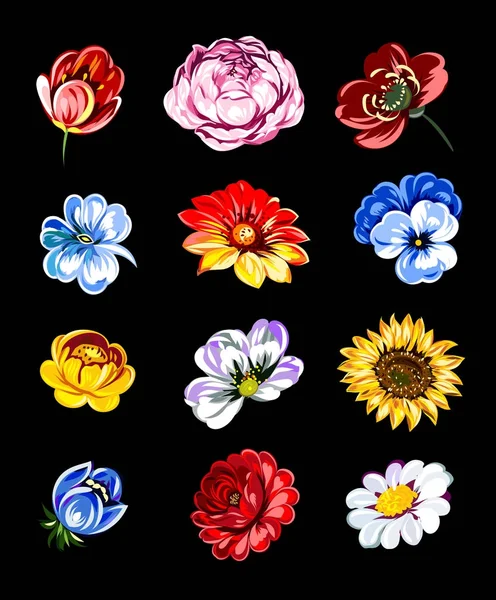 Conjunto Flores Luxo Flores Exuberantes Cartão Postal Adesivo — Vetor de Stock