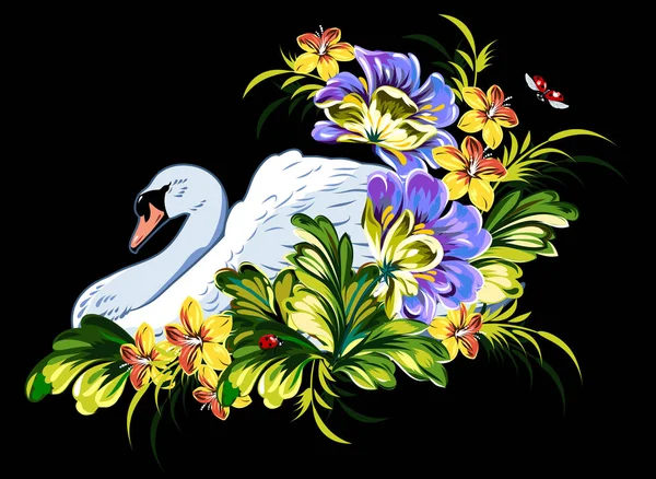 緑豊かな花で白鳥の肖像画 — ストックベクタ