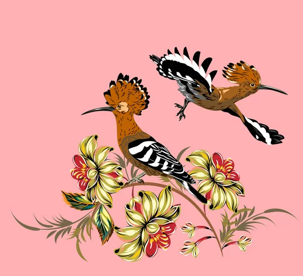 Pair Hoopoes Thickets Wildflowers — Stock Vector