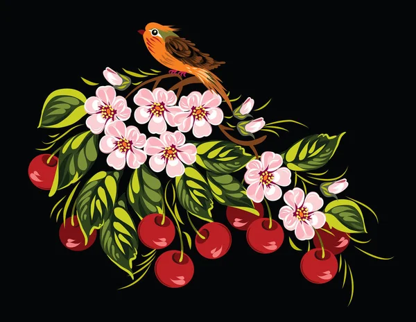 Bird Sitting Branch Cherry Blossoms — Stock Vector