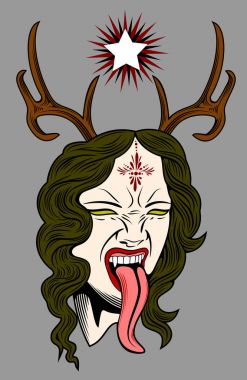 Yüz cadıyla uzun dil eğilerek vampir dişleri,