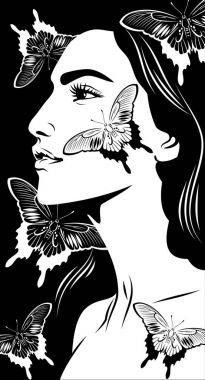 Profil güzel bir kız ve kelebekler