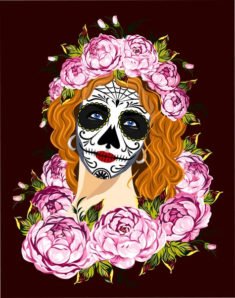 Mexican Girl Death Sugar Skull Make — Stock Vector