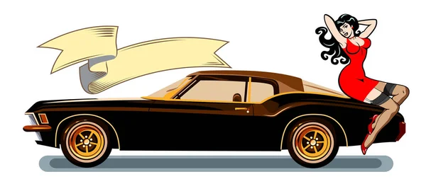 Chica Capó Coche Retro — Vector de stock