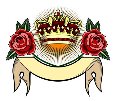 Kırmızı güller ve afiş arka plan üzerinde altın taç