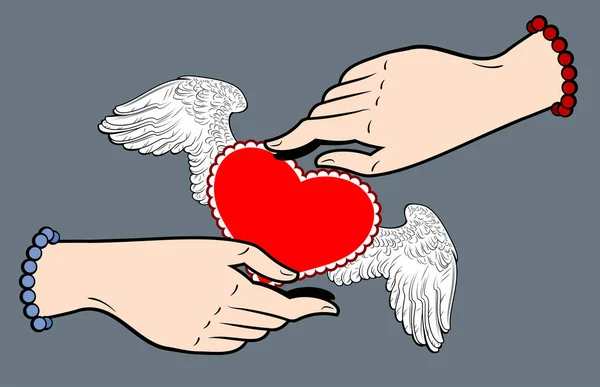 Hands Caught Winged Heart — Stock Vector