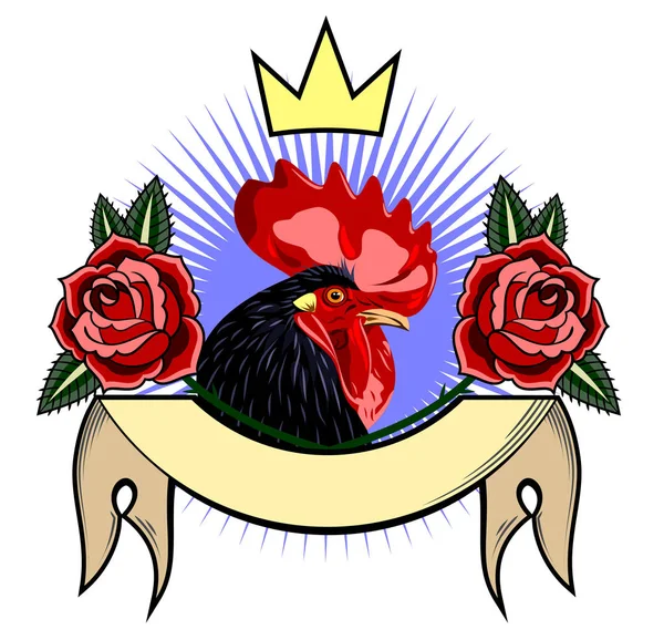 黑公鸡对猩红色玫瑰和横幅背景 — 图库矢量图片