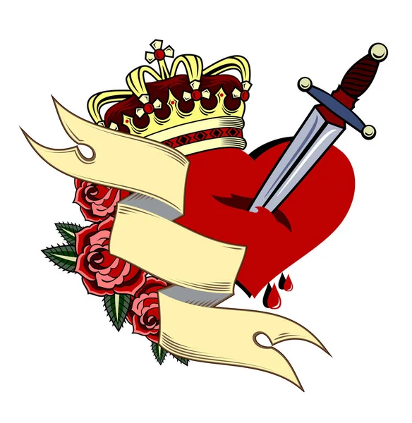 心脏刺穿用一把旗子 冠和玫瑰的刀子 — 图库矢量图片