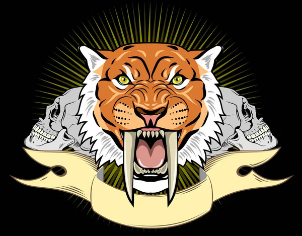 Portrait Sourire Tigre Dents Sabre Sur Fond Une Bannière — Image vectorielle
