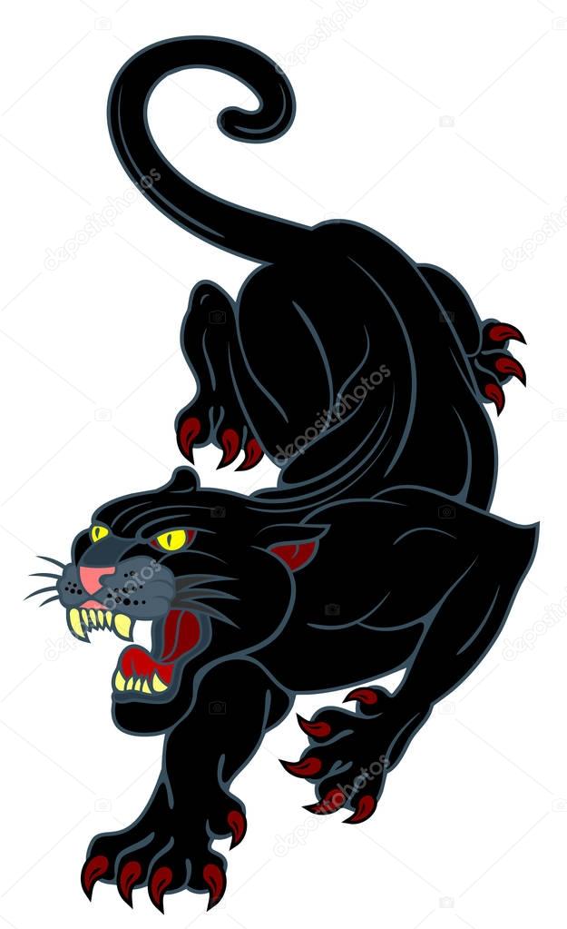 Image of a black panther, with a grinning mouth. Drawing in the style of Old School tattoo
