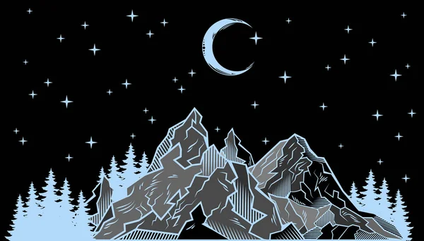 Bergslandskap Och Skogen Natten Stora Vidderna Naturen Element — Stock vektor