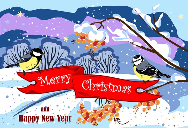 Зимовий Пейзаж Банером Дрібними Птахами — стоковий вектор