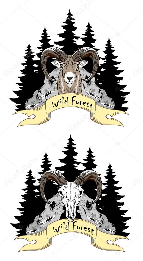 Sheep on a background of dark woods and skulls