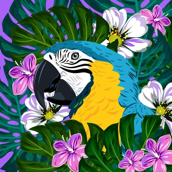 Retrato Loro Guacamayo Matorrales Flores Tropicales — Vector de stock