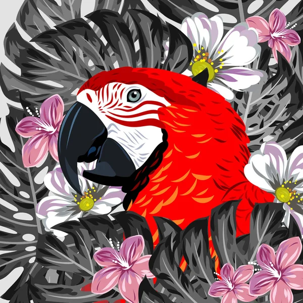 一只鹦鹉在热带花卉丛中的肖像 — 图库矢量图片
