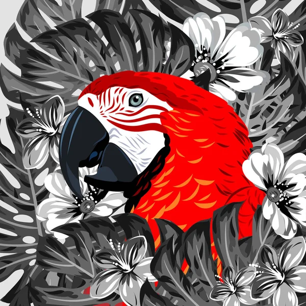 Портрет Попугая Ара Зарослях Тропических Цветов — стоковый вектор
