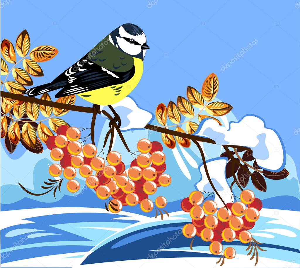 Tits sitting on a branch against a background of a winter landscape