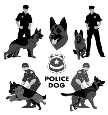 Bir polis köpeği çoban görüntü ile simgeler ve polisler kümesi