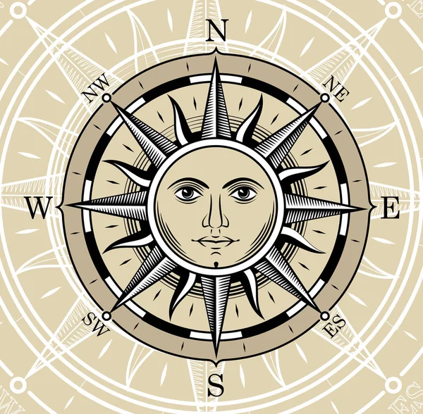 Kompas Podobě Slunce Styl Gravírování — Stockový vektor