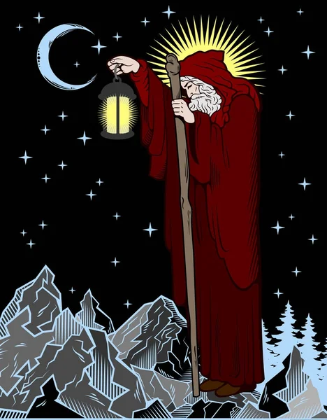 Изображение Старика Отшельника Светящейся Лампой Палкой Гуляющего Ночью Горах — стоковый вектор