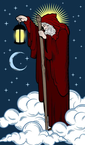 Изображение Старика Отшельника Светящейся Лампой Палкой Идущего Ночью Облаках — стоковый вектор