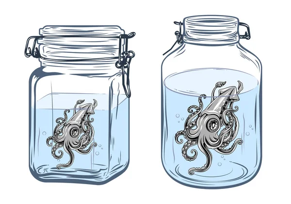 Een Glazen Potten Met Een Inktvis Het — Stockvector