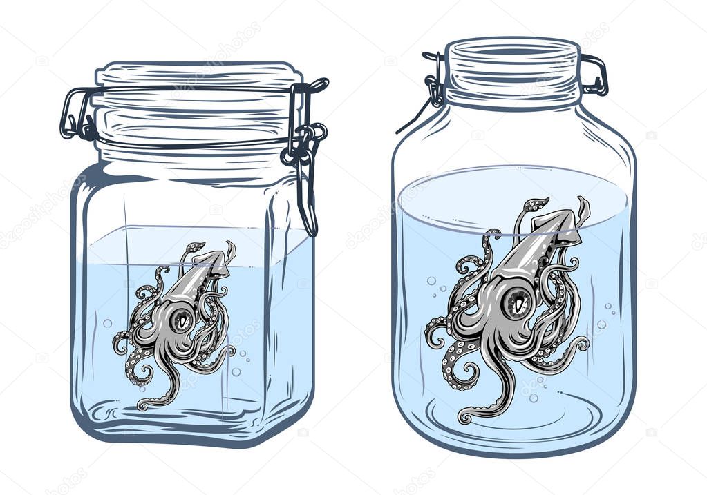A glass jars with a squids in it