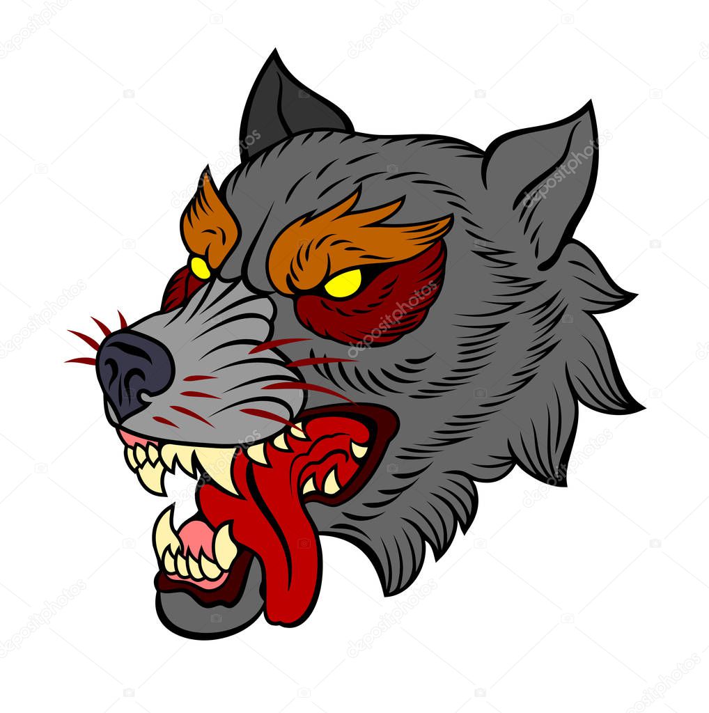 The head bared ferocious wolf. Drawing in the style of Old School Tattoos