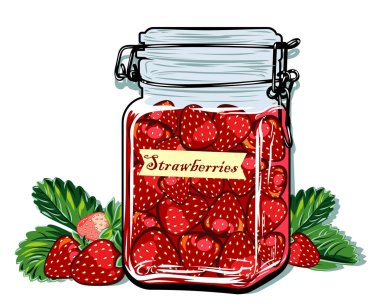 Bir kavanoz çilek reçeli, şuruplu böğürtlen, tatlılık, kış için ev yapımı hazırlıklar.