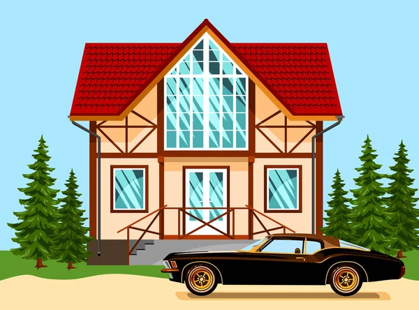 Beautiful Two Storey House Tiled Roof Car Porch — Stock Vector