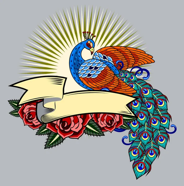 Peacock Rozen Old School Tattoo Afbeelding — Stockvector