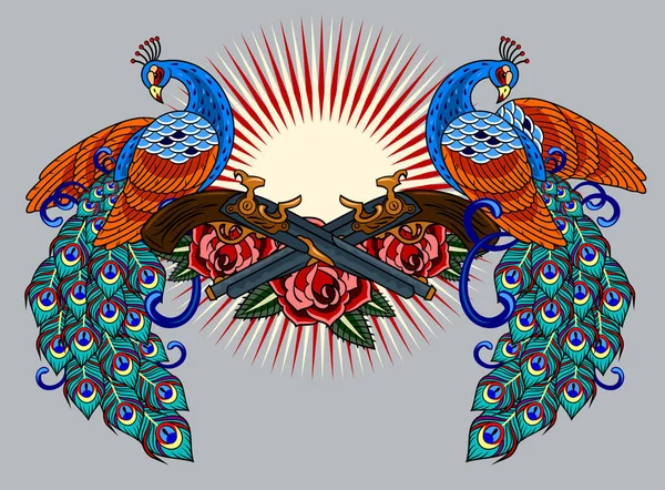 Peacocks Revolvers Roses Old School Tattoo Image — Stock Vector