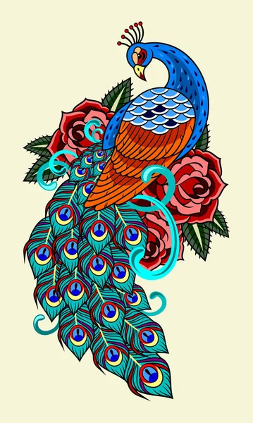 Peacock Roses Old School Tattoo Image — Stock Vector