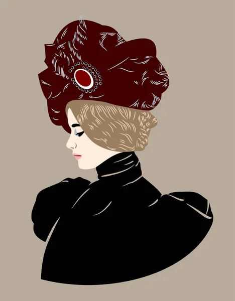 ブローチと羽を持つ美しい帽子で素敵な女の子 ヴィンテージ — ストックベクタ