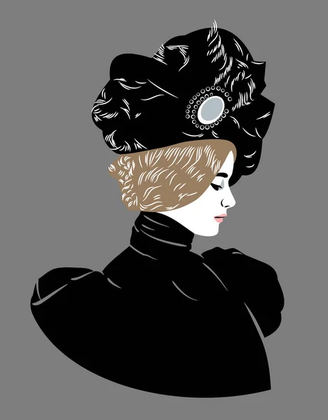 ブローチと羽を持つ美しい帽子で素敵な女の子 ヴィンテージ — ストックベクタ