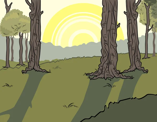 Sommaren Landskapet Dalen Med Träd Bakgrund Solen — Stock vektor