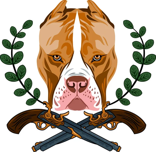 Ritratto Pit Bull Terrier Sullo Sfondo Rivoltelle Rami Alloro — Vettoriale Stock