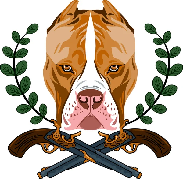 Portrait Pit Bull Terrier Background Revolvers Laurel Branches — Stock Vector