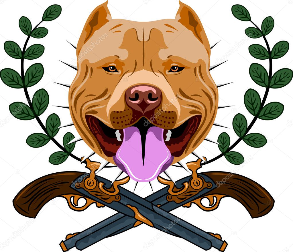 Portrait of a pit bull terrier against a background of revolvers and laurel branches