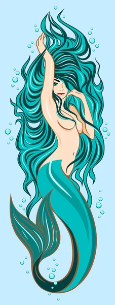 Imagen Una Linda Sirena Con Cabello Largo Exuberante — Vector de stock