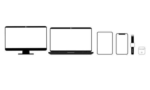 Новый Набор Значков Устройства Черном Смартфон Ноутбук Монитор Компьютера Планшет — стоковый вектор
