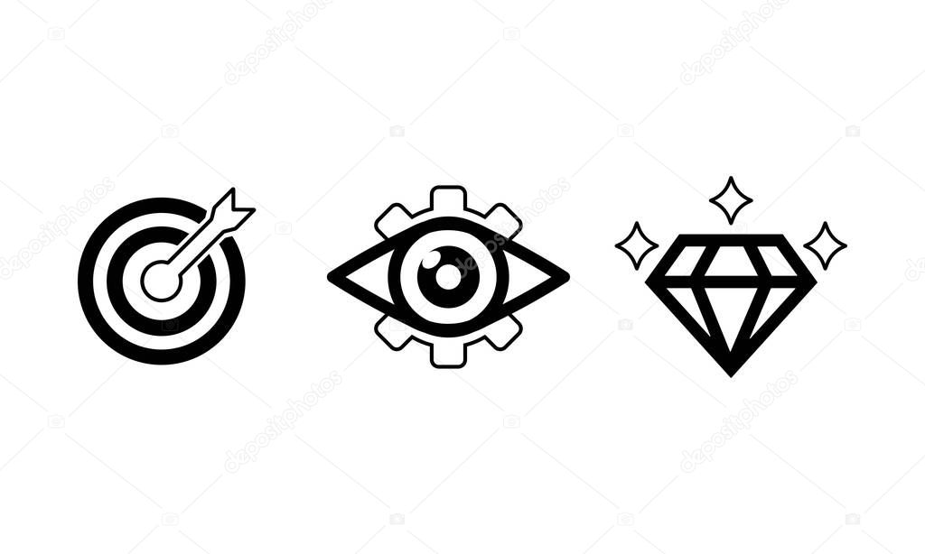 Mission, vision, values icon set or business goal and care logo in black design concept on an isolated white background. EPS 10 vector