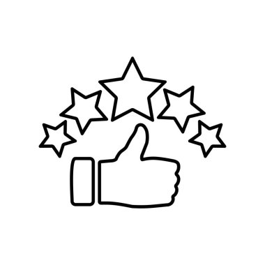 Ürün reytingleri beş yıldız, kalite değerlendirmesi, geri bildirim, izole beyaz arka planda siyah simge düz logo. EPS 10 vektörü.