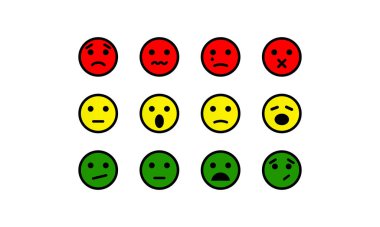 Duygusal geribildirim ölçeği. Gülümse, emoji ya da mutluluğun, tarafsızlığın ve memnuniyetin üzüntüsüyle dolu yüzler. Bir dizi duygu simgesi. Beyaz arkaplandaki yüz ifadelerinin çizimleri. Vektör EPS 10.