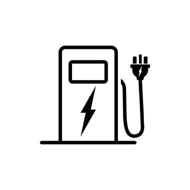Elektrik santralleri ya da benzin istasyonu ikonu tasarımı beyaz arkaplanda izole edilmiş siyah sembol. Vektör EPS 10