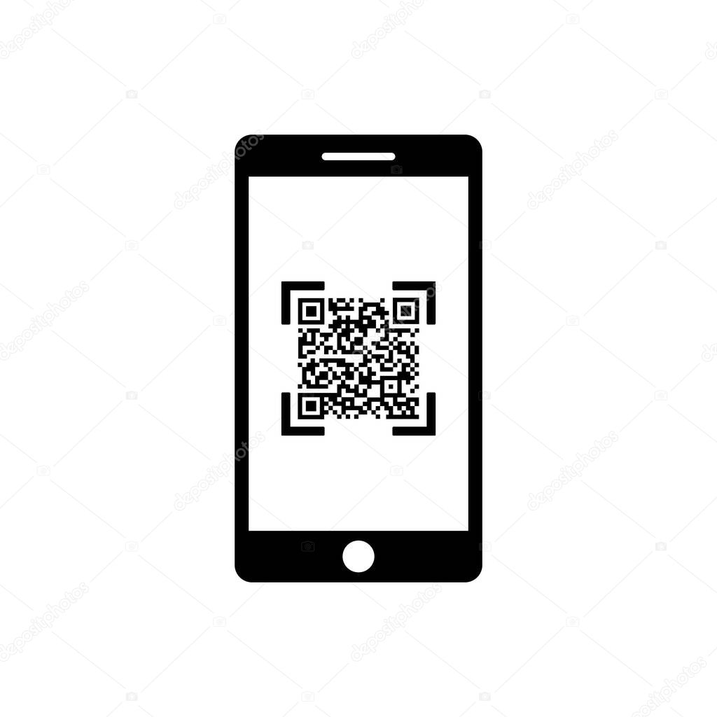 QR code, scanner with smartphone icon for web or appstore design black symbol isolated on white background. Vector EPS 10.